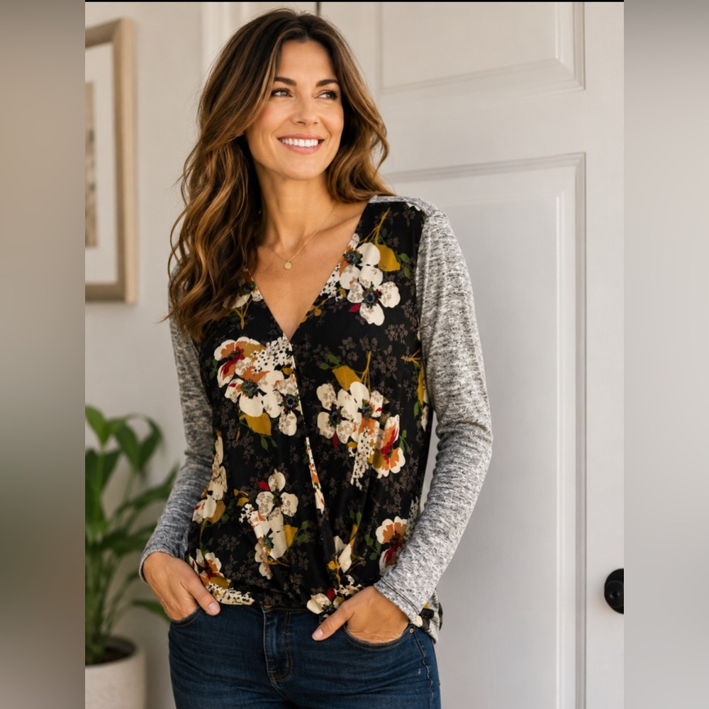 Kut from the Kloth NWOTFloral Front Wrap Mixed-Media Top - Black, Gray, White.